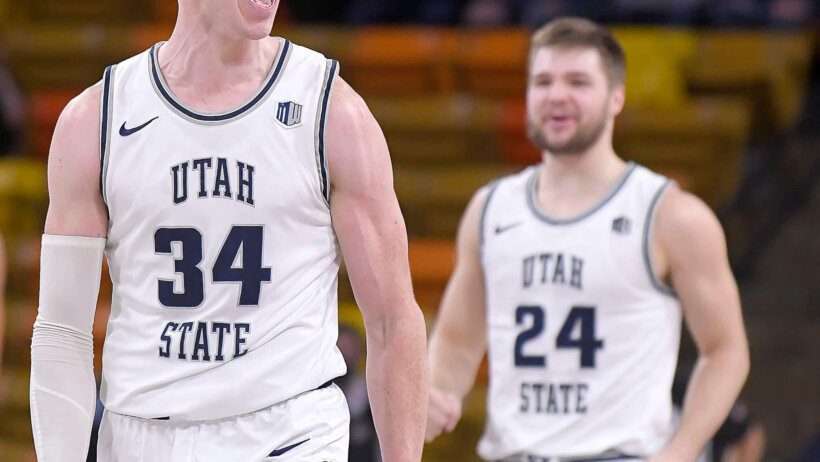Utah State forward Justin Bean screaming in celebration