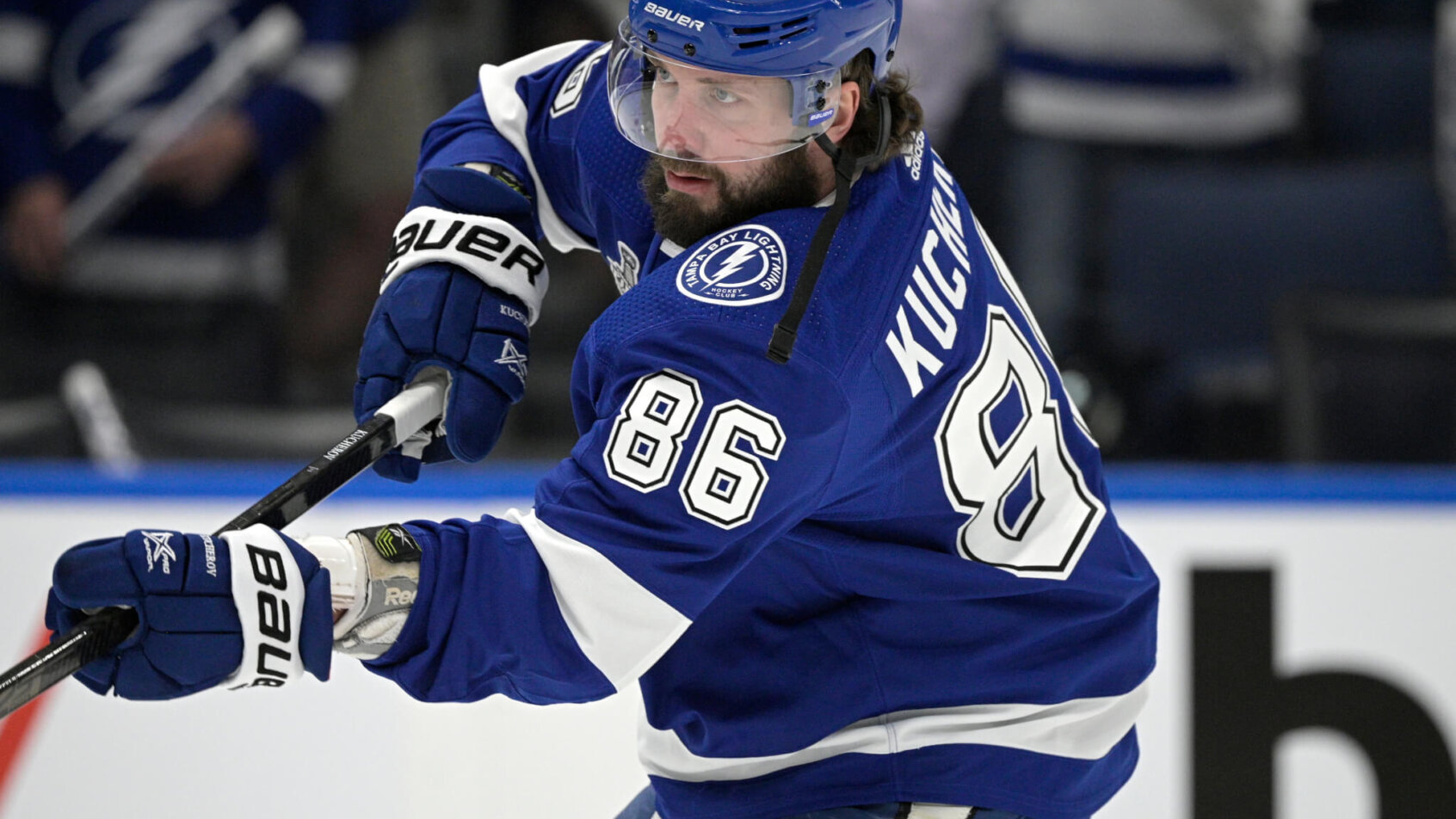Tampa Bay Lightning right wing Nikita Kucherov warming up before an NHL hockey game.