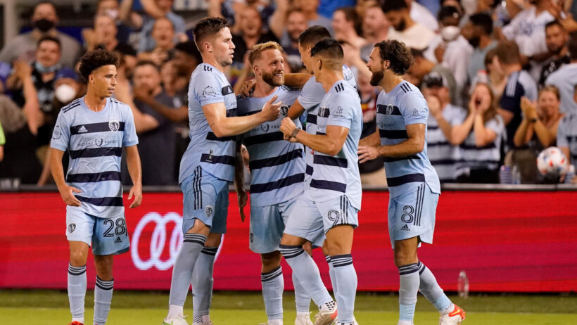 Sporting Kansas City players celebrate goal