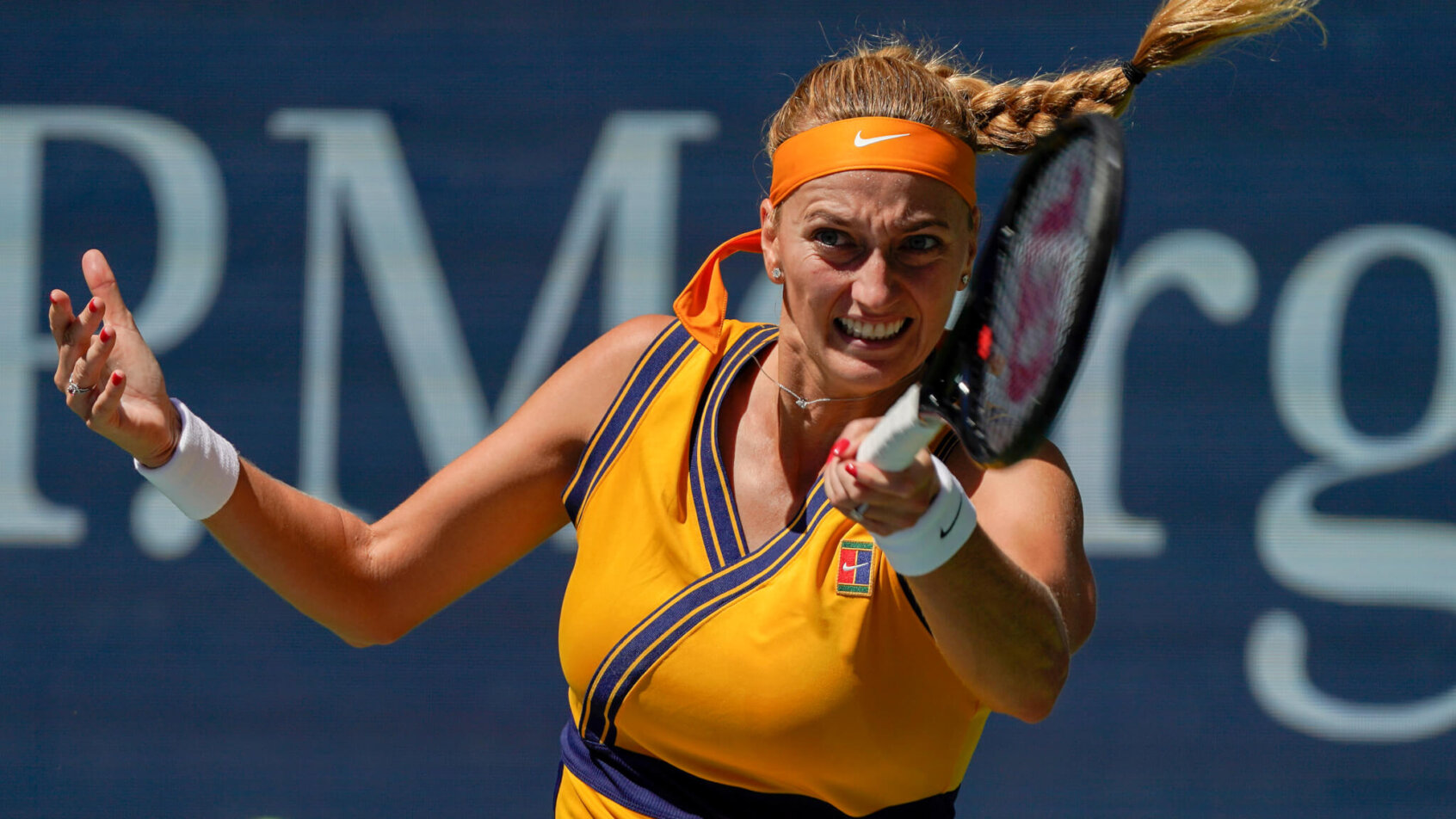 Petra Kvitova hitting a return during a match at the US Open.