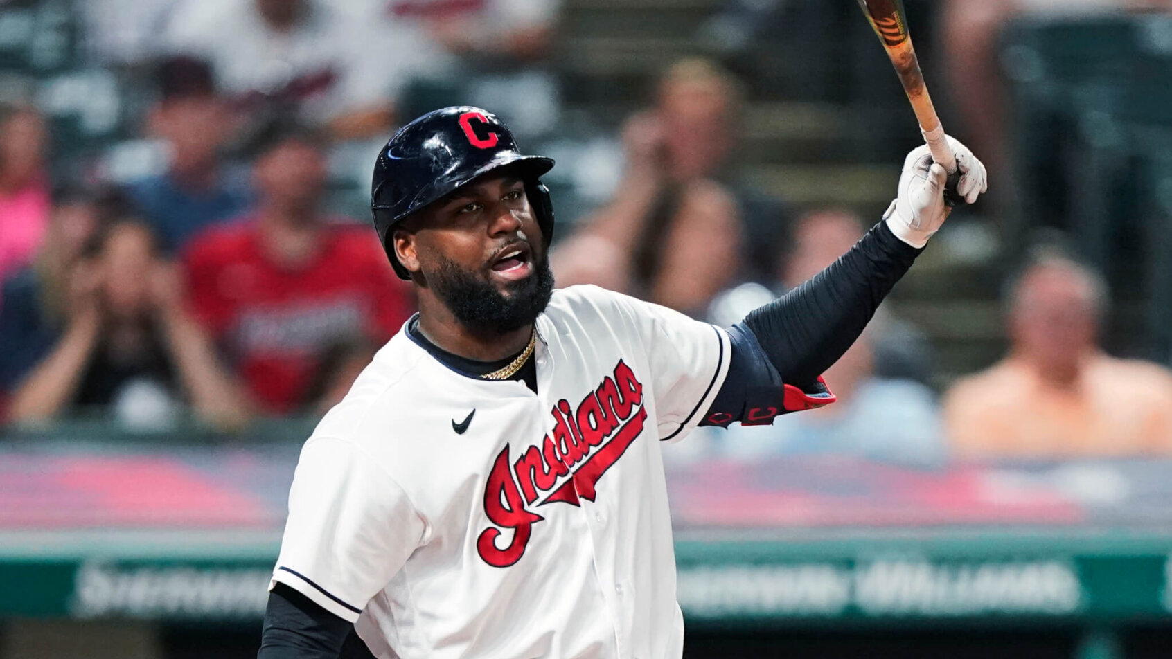 Franmil Reyes reacts after missing a pitch