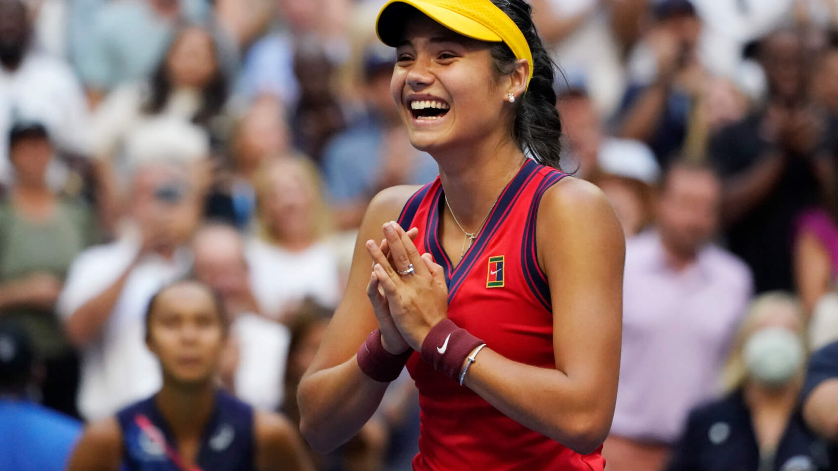 Emma Raducanu celebrating after winning the US Open.