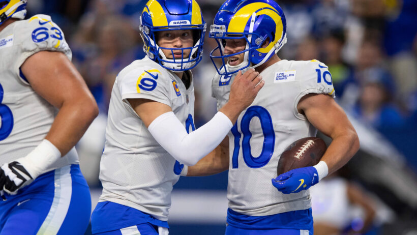 Matt Stafford and Kooper Kupp celebrate after TD