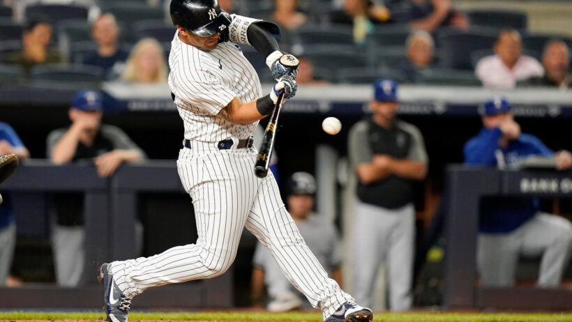 New York Yankees' Gleyber Torres swinging at a pitch