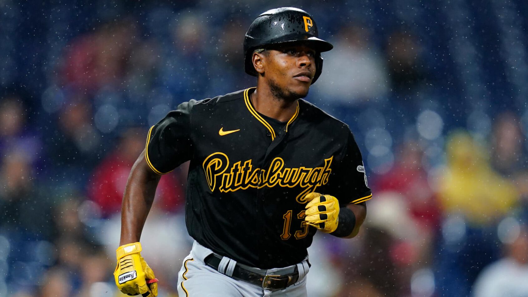 Pittsburgh Pirates' Ke'Bryan Hayes running to first base