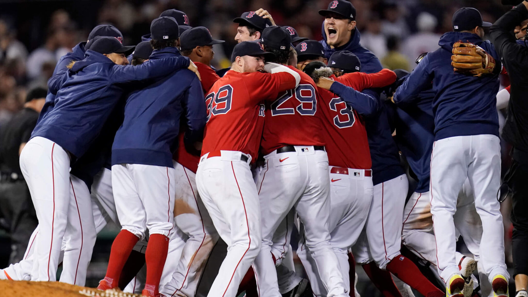 The Boston Red Sox celebrating a Wild Card victory over New York