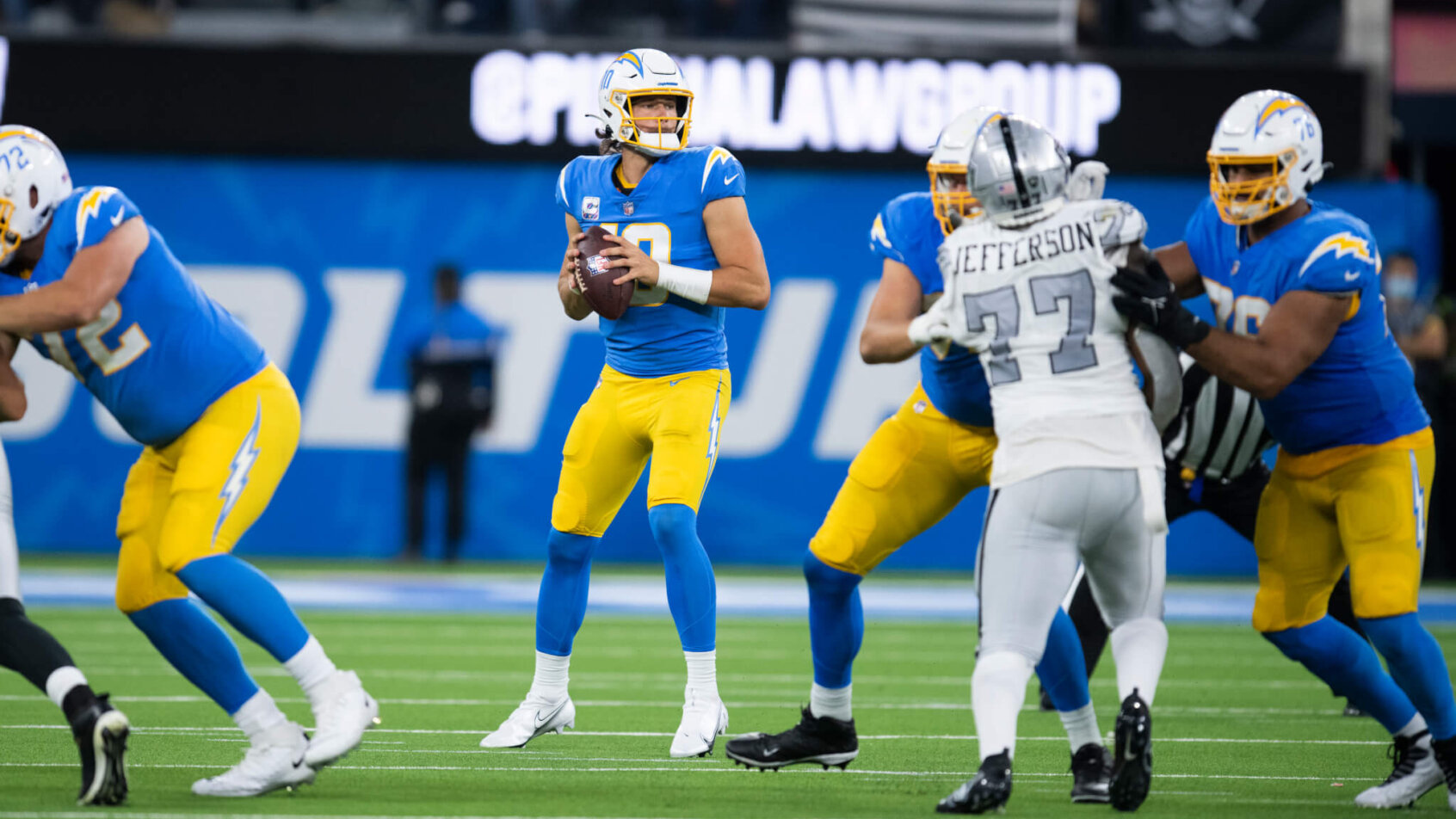 Los Angeles Chargers quarterback Justin Herbert standing in the pocket