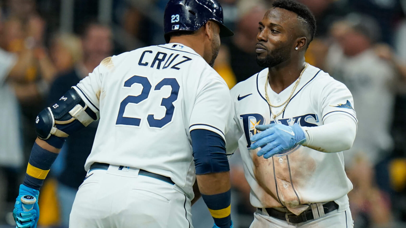 Tampa Bay Rays' Randy Arozarena celebaring a home run with teammate Nelson Cruz