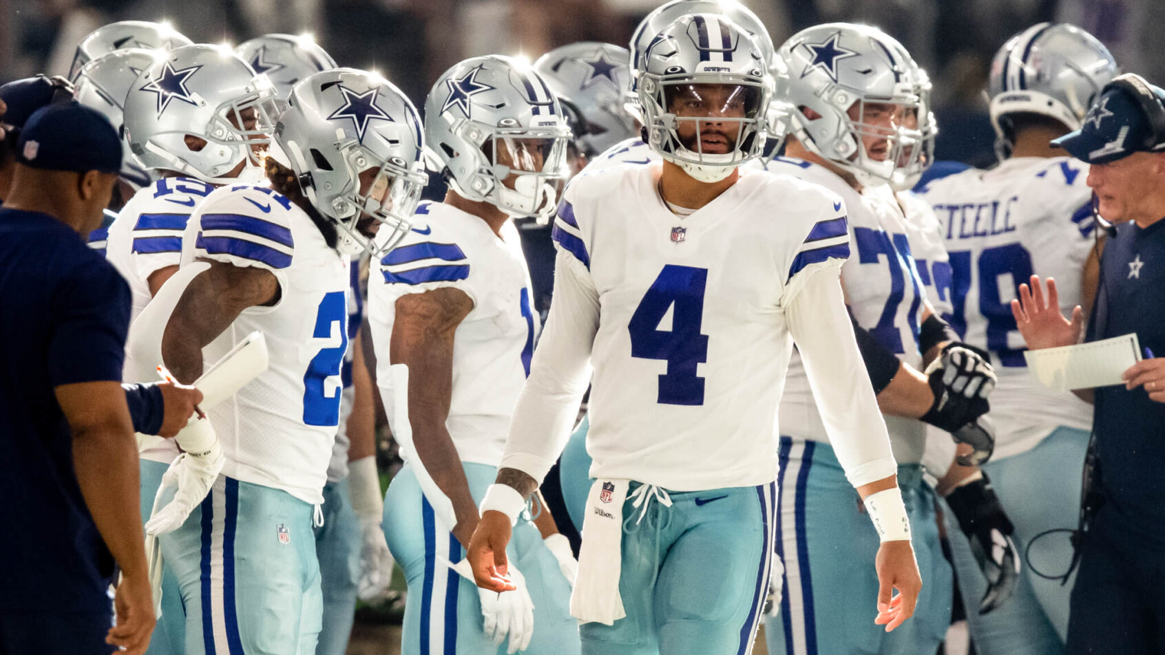 Dak Prescott looks towards the sideline