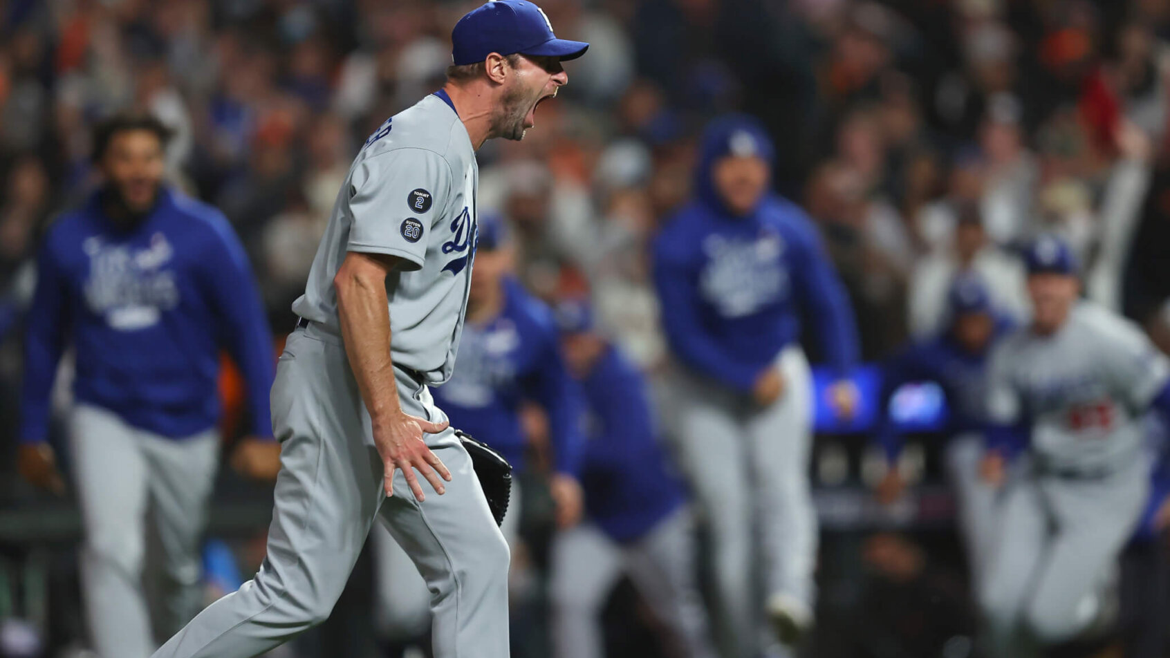 Los Angeles Dodgers pitcher Max Scherzer screaming jubilantly