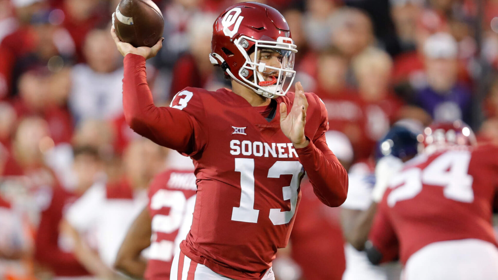 Oklahoma quarterback Caleb Williams looking to throw the ball during a college football game.