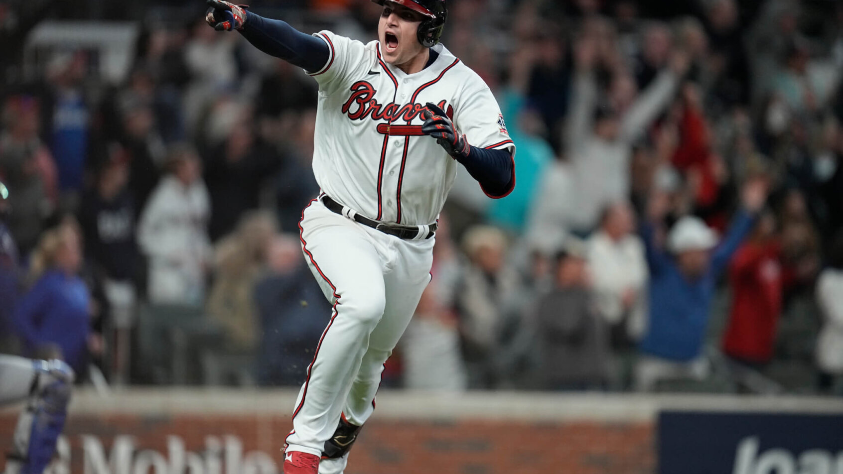 Atlanta Braves' Austin Riley celebrating a walk-off hit