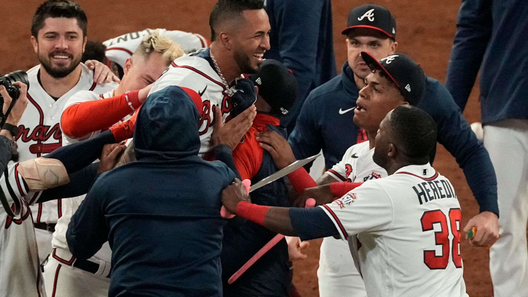 Atlanta Braves' Eddie Rosario celebrates a walk-off hit