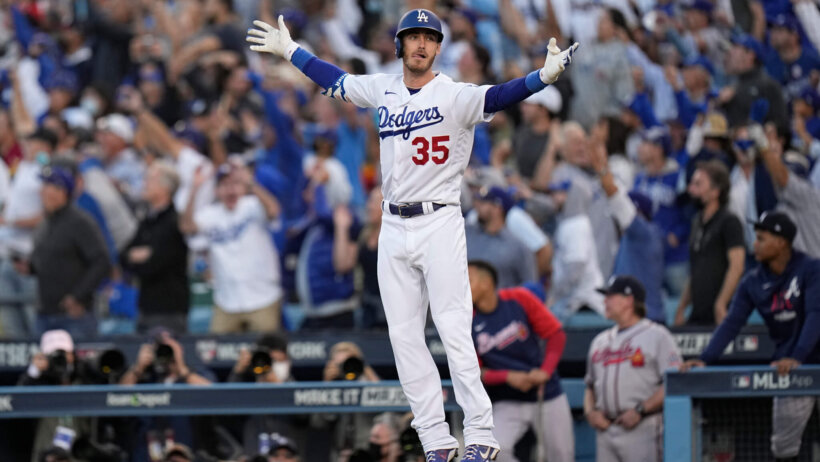 Los Angeles Dodgers center fielder Cody Bellinger celebrating a home run