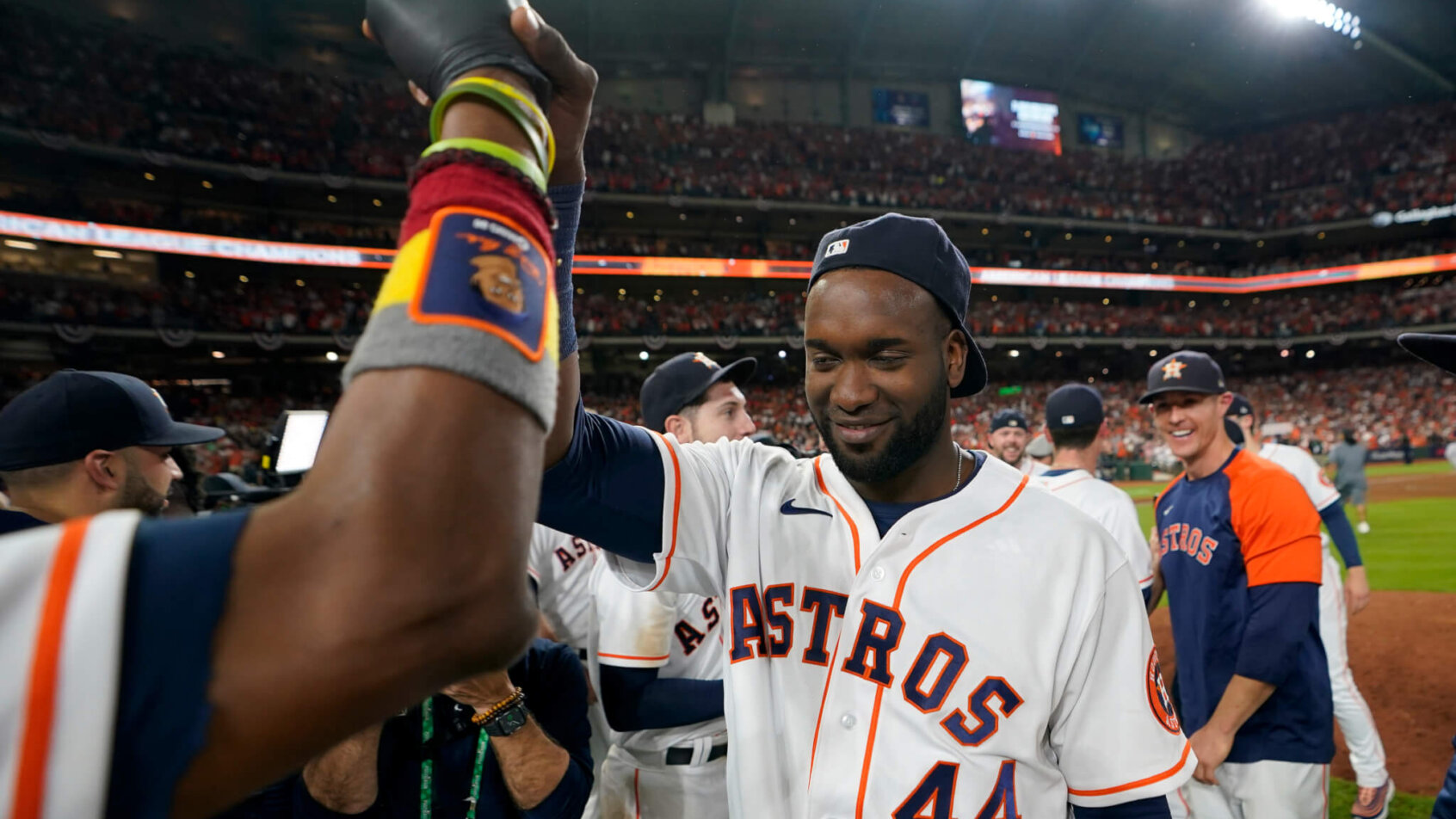 Yordan Alvarez celebrates the ALCS victory