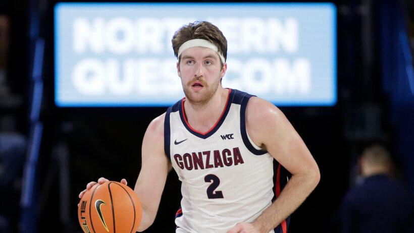 Gonzaga forward Drew Timme dribbling