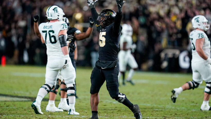 Purdue defensive end DaMarcus Mitchell celebrating
