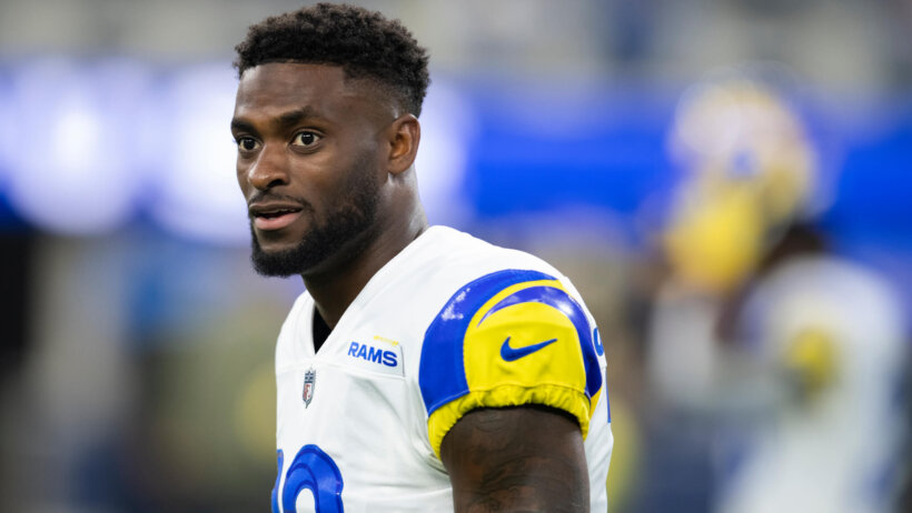 A midshot of Los Angeles Rams wide receiver Van Jefferson looking on.
