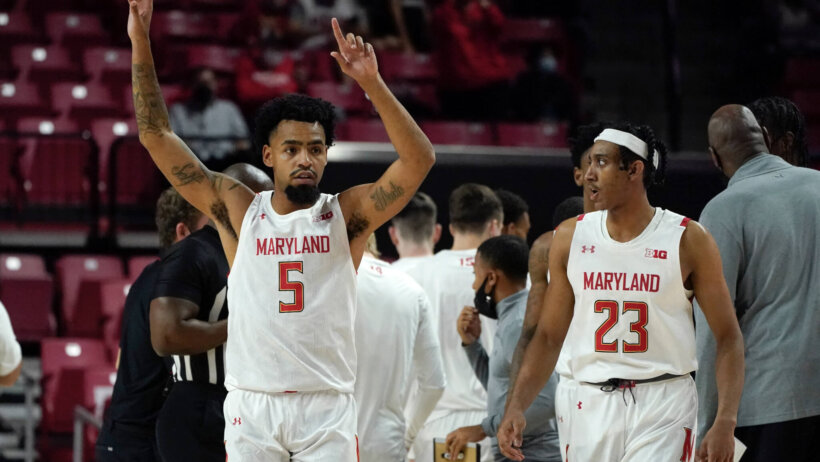 Maryland guard Eric Ayala celebrating