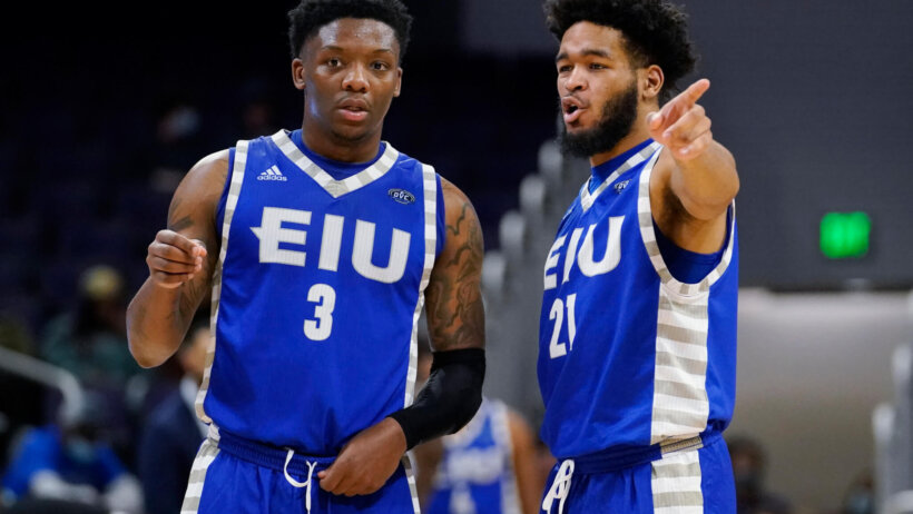 Eastern Illinois guard Chris Robinson talking to teammate Kejuan Clements