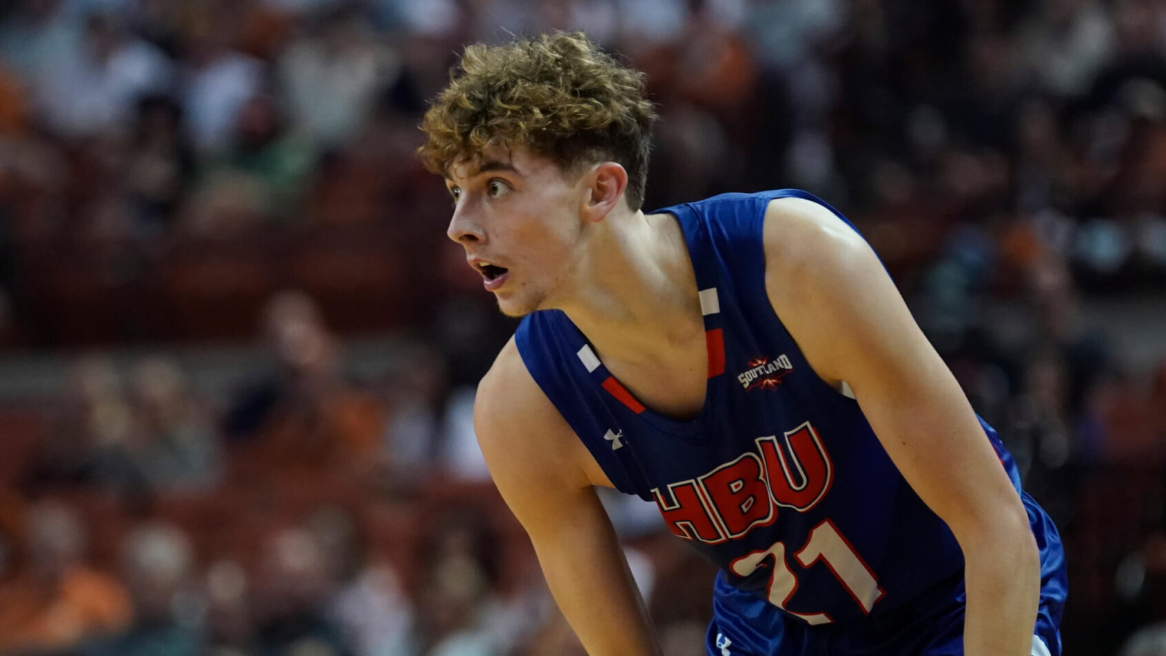 Houston Baptist forward Tristan Moore on the court