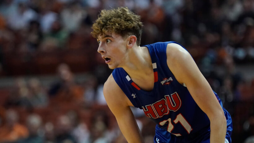 Houston Baptist forward Tristan Moore on the court