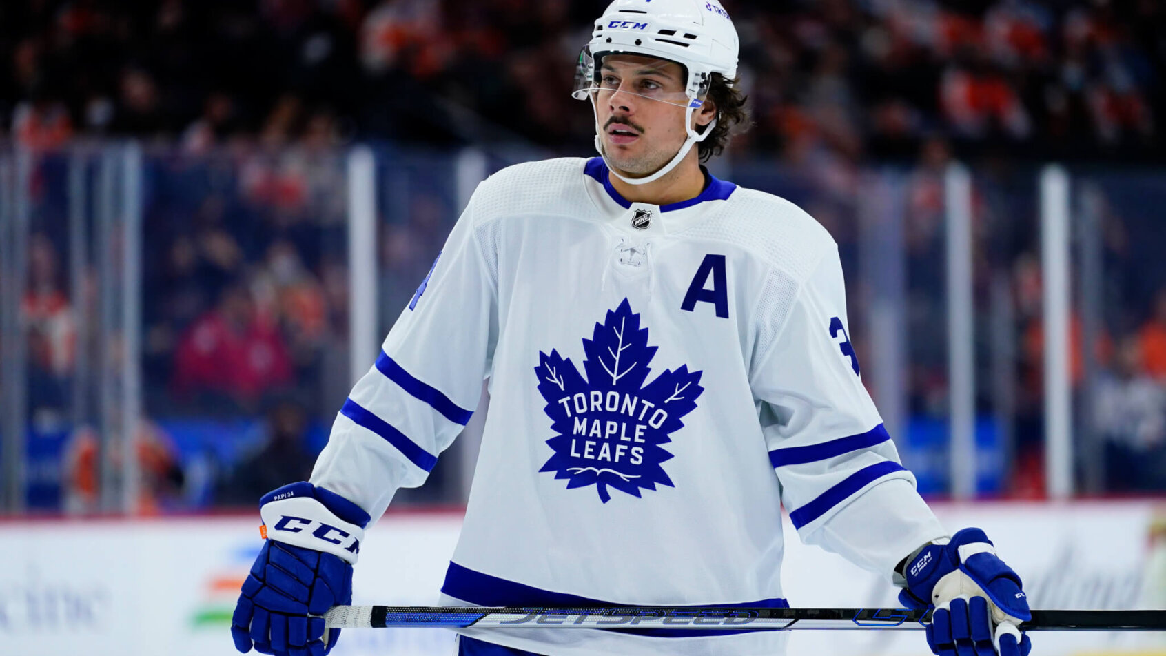 Auston Matthews on ice during stoppage