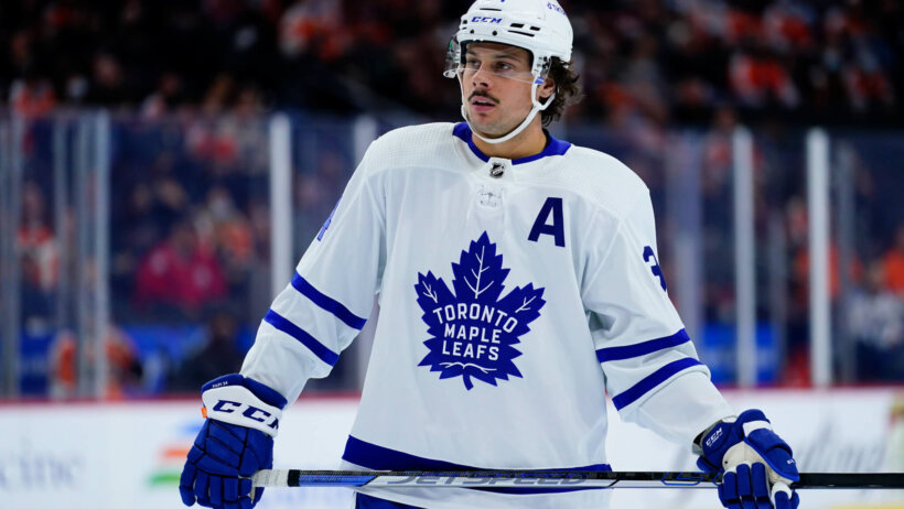 Auston Matthews on ice during stoppage
