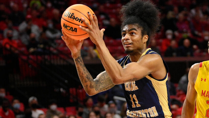 George Washington guard James Bishop driving to the hoop