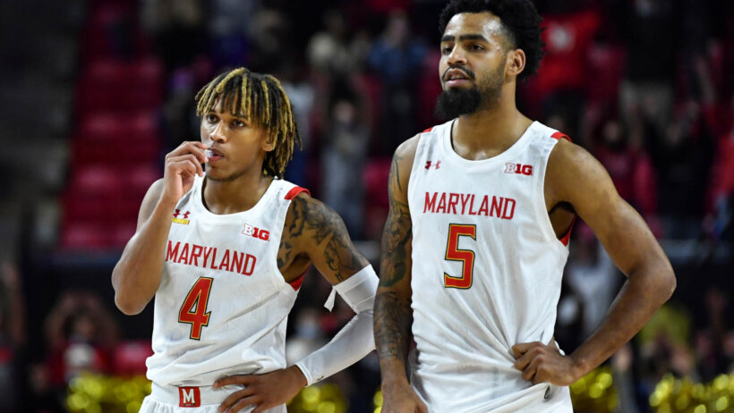 Maryland guards Fatts Russell and Eric Ayala on the court