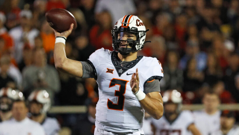 Oklahoma State's Spencer Sanders throwing a pass