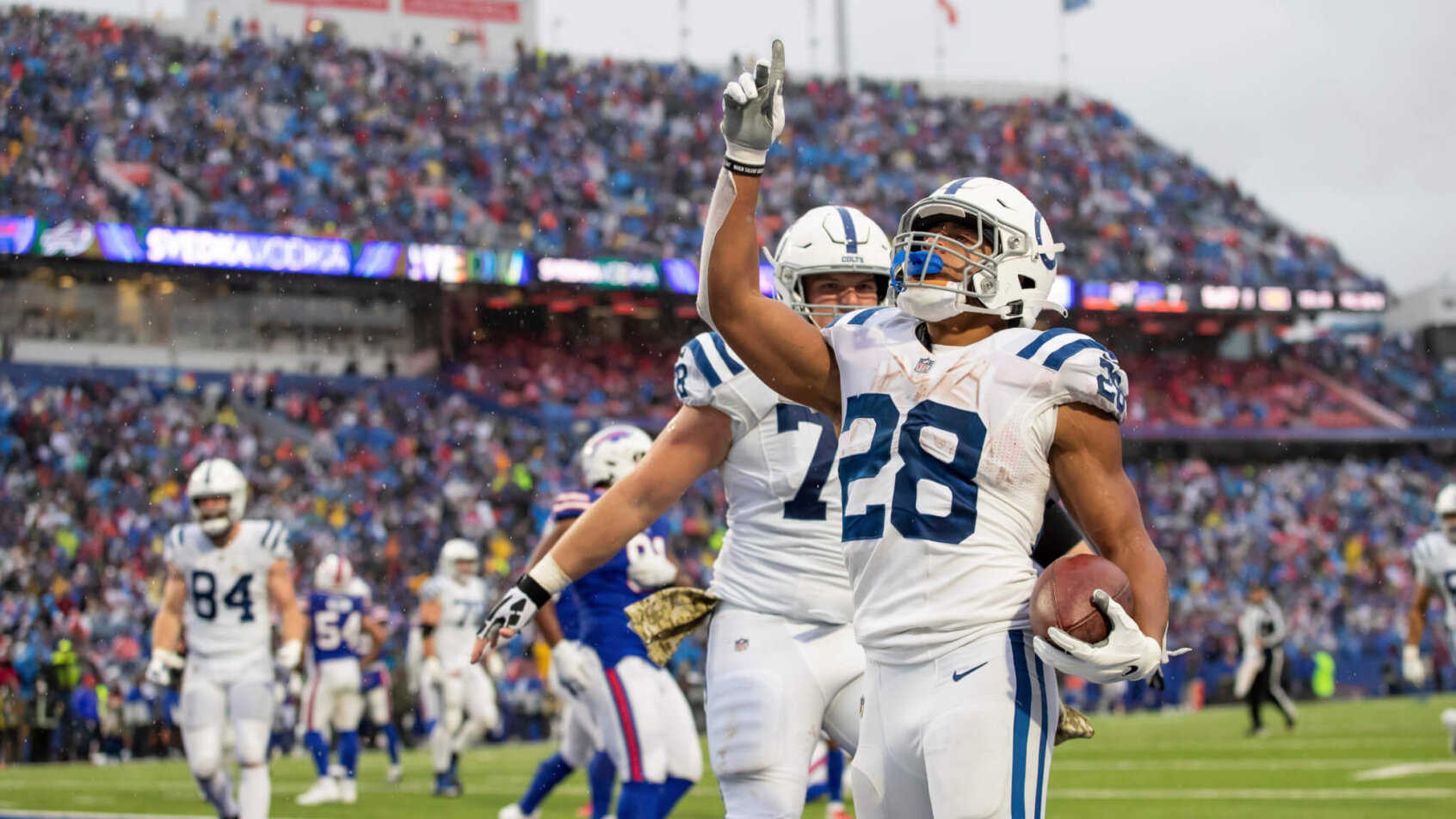 Jonathan Taylor pointing to sky after TD