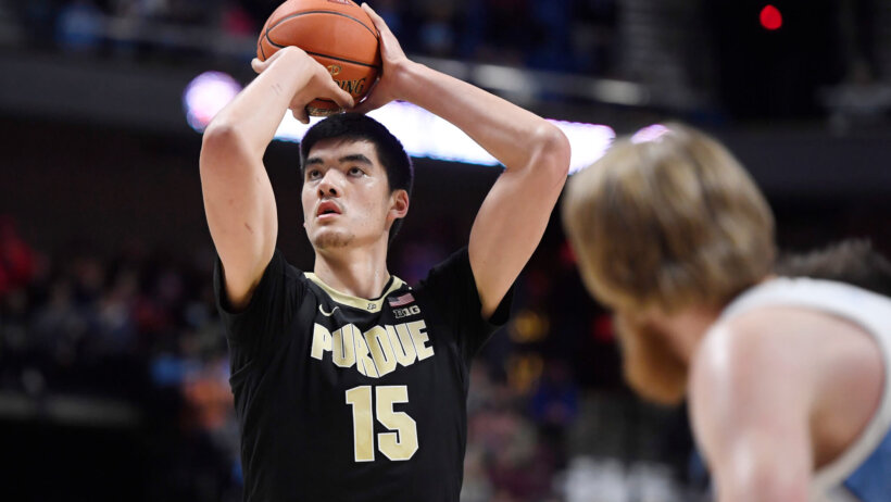 Purdue's Zach Edey shooting a free throw