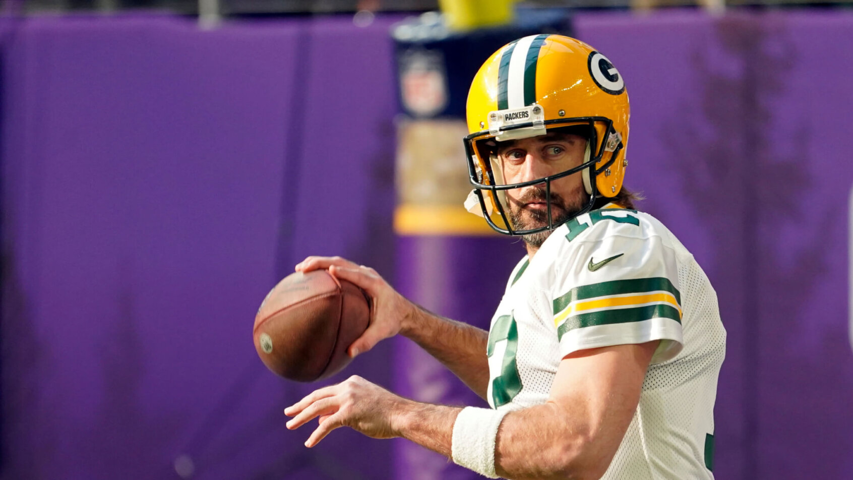 Green Bay Packers quarterback Aaron Rodgers warming up before a NFL football game.