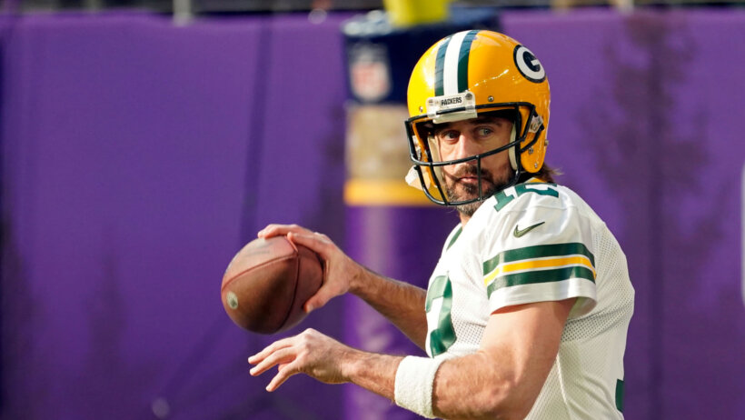 Green Bay Packers quarterback Aaron Rodgers warming up before a NFL football game.