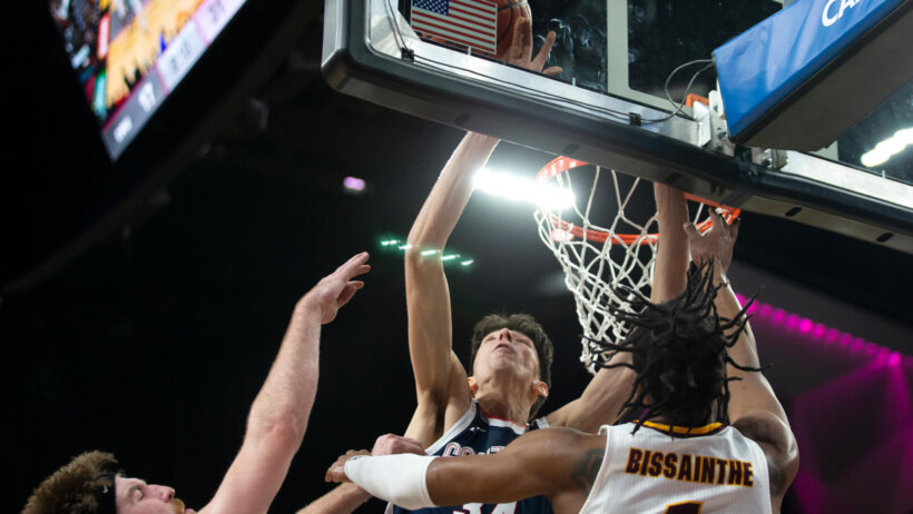 Gonzaga center Chet Holmgren blocking a shot
