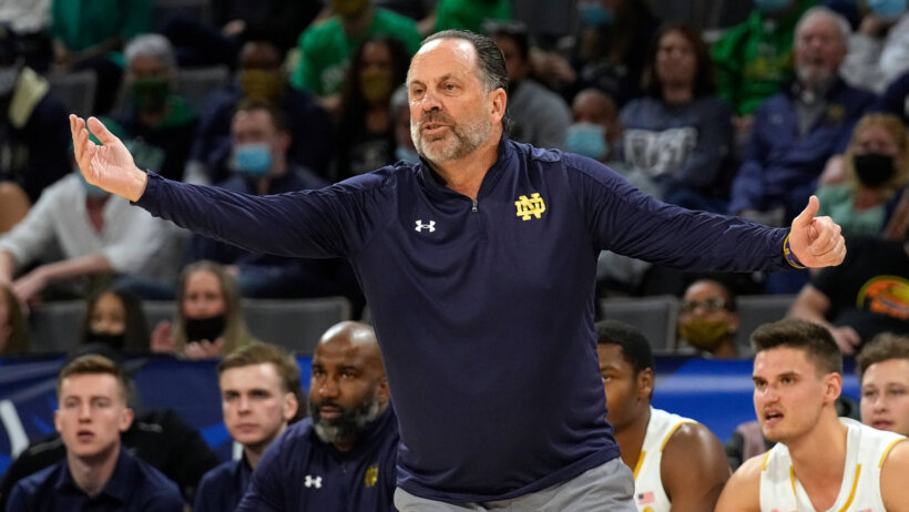 Notre Dame coach Mike Brey yelling at an official