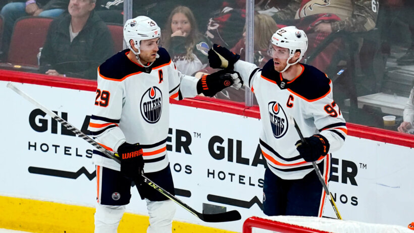Leon Draisaitl and Connor McDavid celebrate goal