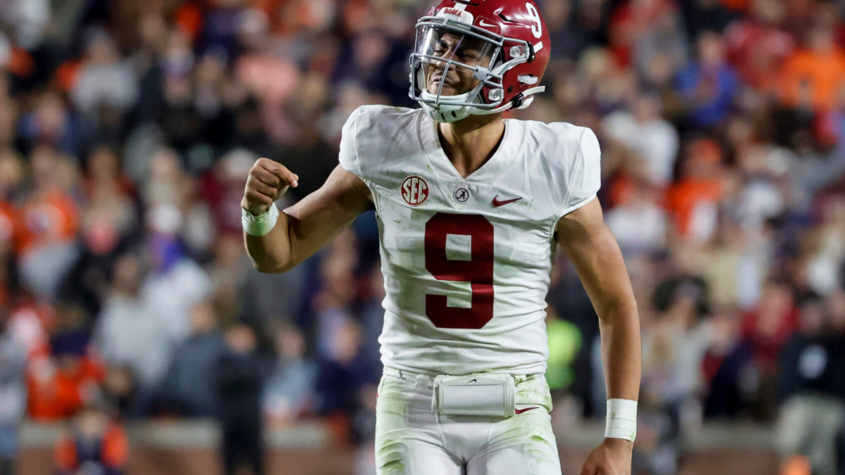 Alabama quarterback Bryce Young celebrating a touchdown pass