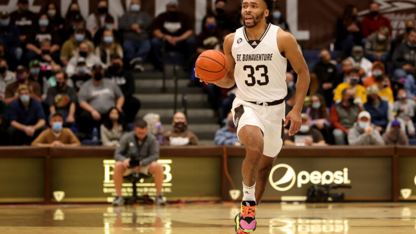 St. Bonaventure guard Jalen Adaway dribbling up the court