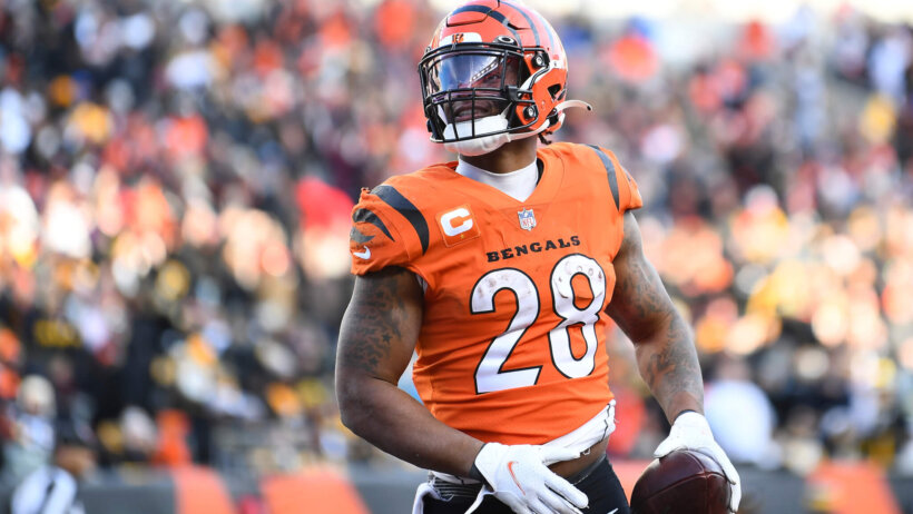 Joe Mixon of the Bengals with the football in his hands