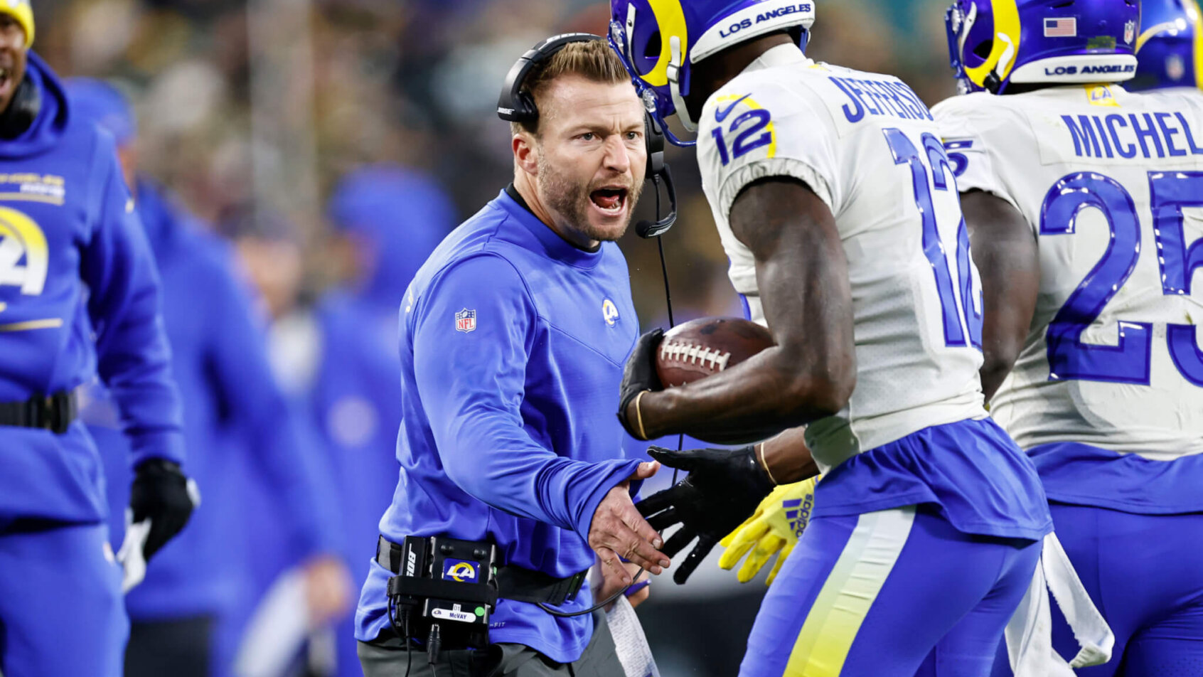 Sean McVay, Van Jefferson celebrate, Los Angeles Rams