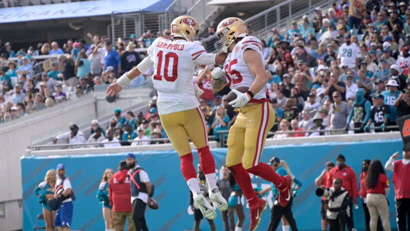 Jimmy Garoppolo, George Kittle celebrate, San Francisco 49ers