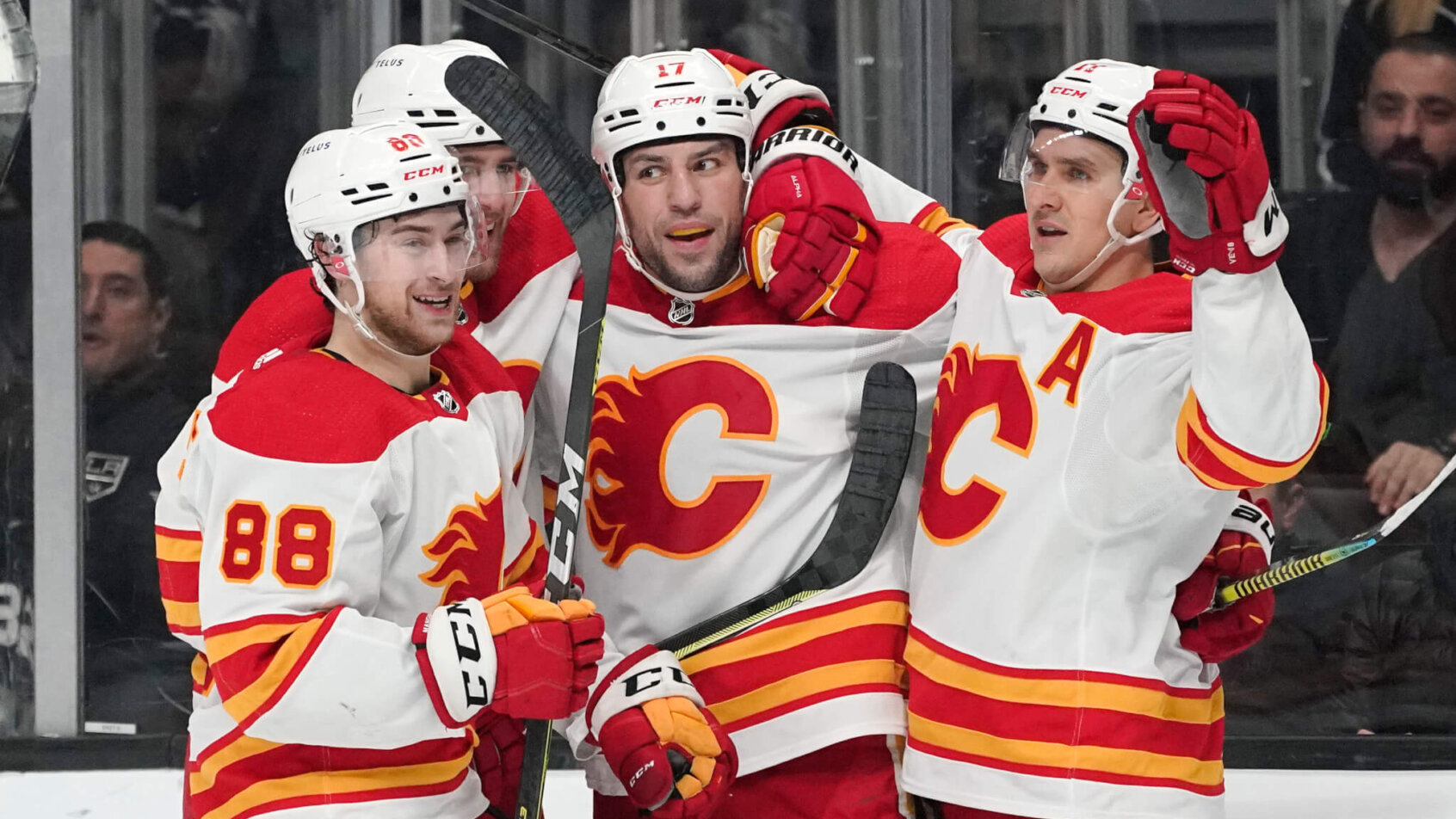 Flames players celebrating goal