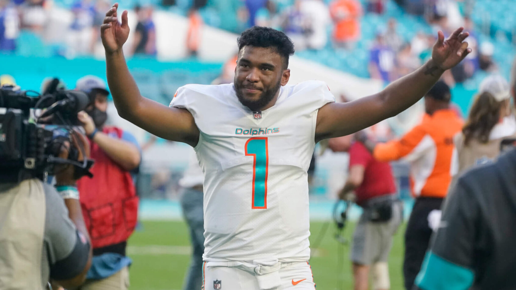 Tua Tagovailoa celebrates after a win