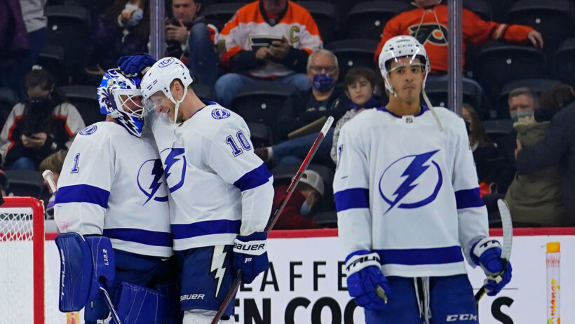 Tampa Bay Lightning's Brian Elliott celebrating with Corey Perry