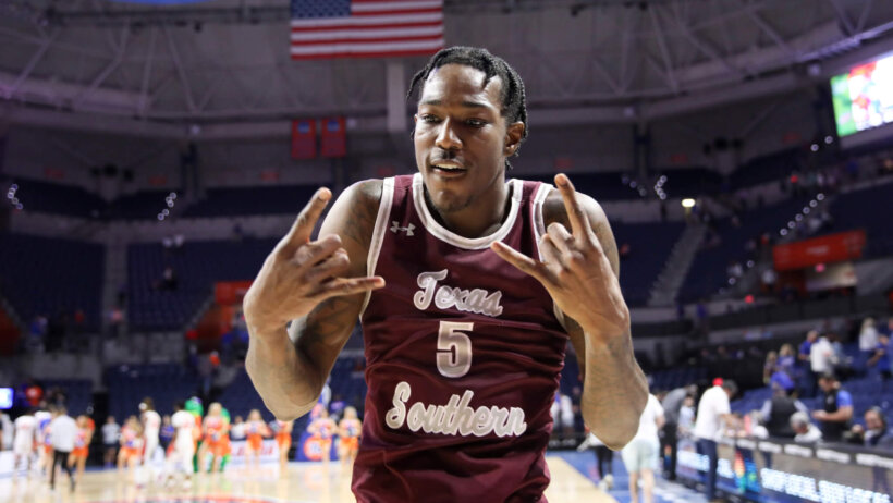 Texas Southern forward Joirdon Karl Nicholas celebrating after a win