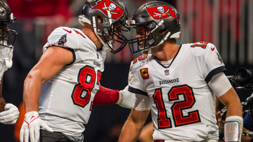 Tom Brady, Rob Gronkowski celebrate, Tampa Bay Buccaneers