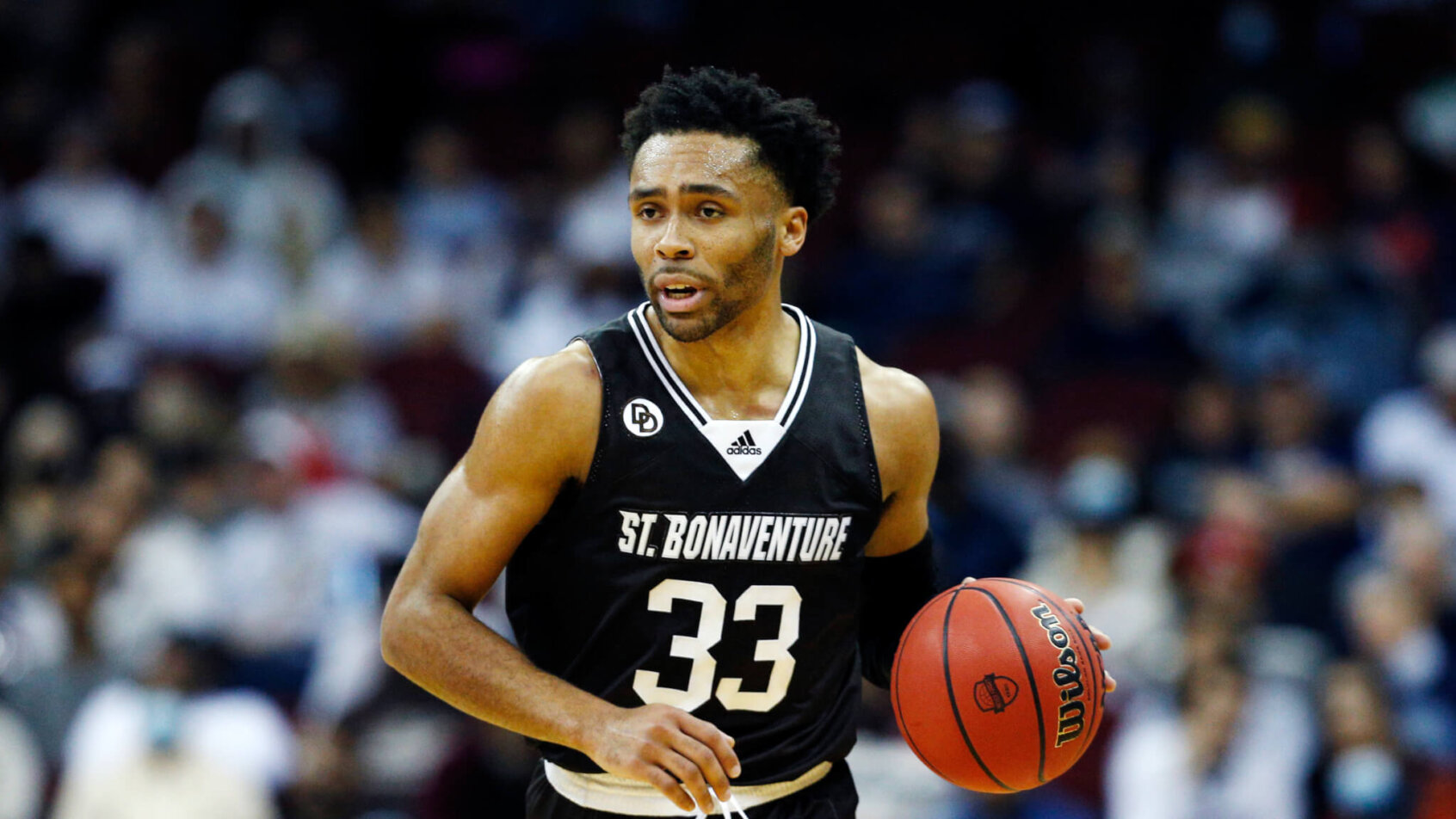 St. Bonaventure guard Jalen Adaway bringing the ball up the court