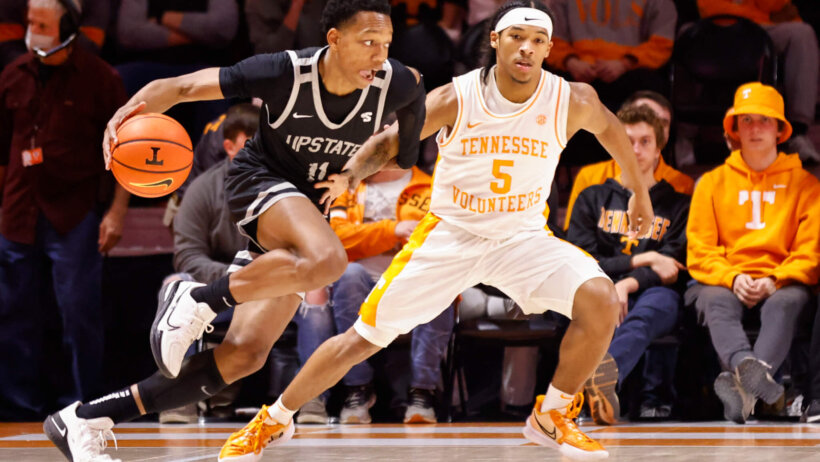 USC Upstate guard Jordan Gainey dribbling